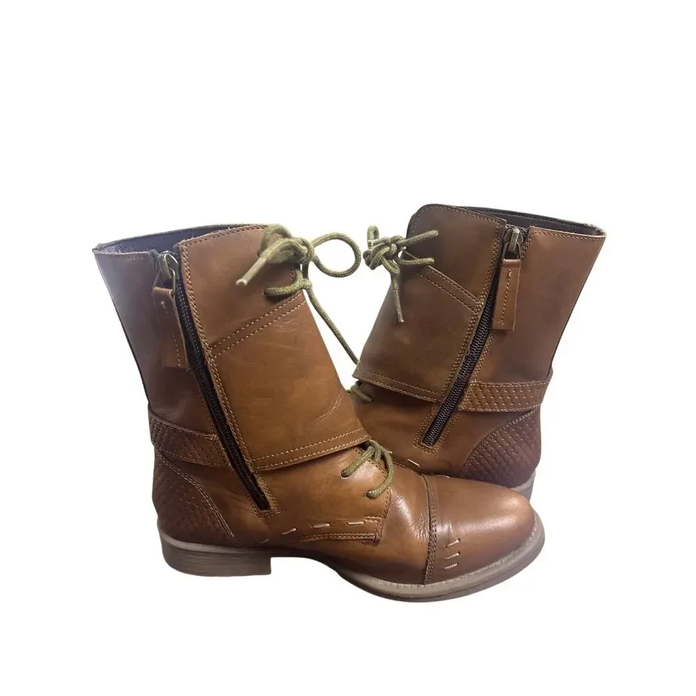 Roan Footwear Women’s Size 6.5 Brown Leather Ankle Boots Lace Up Zip Moto Boho
